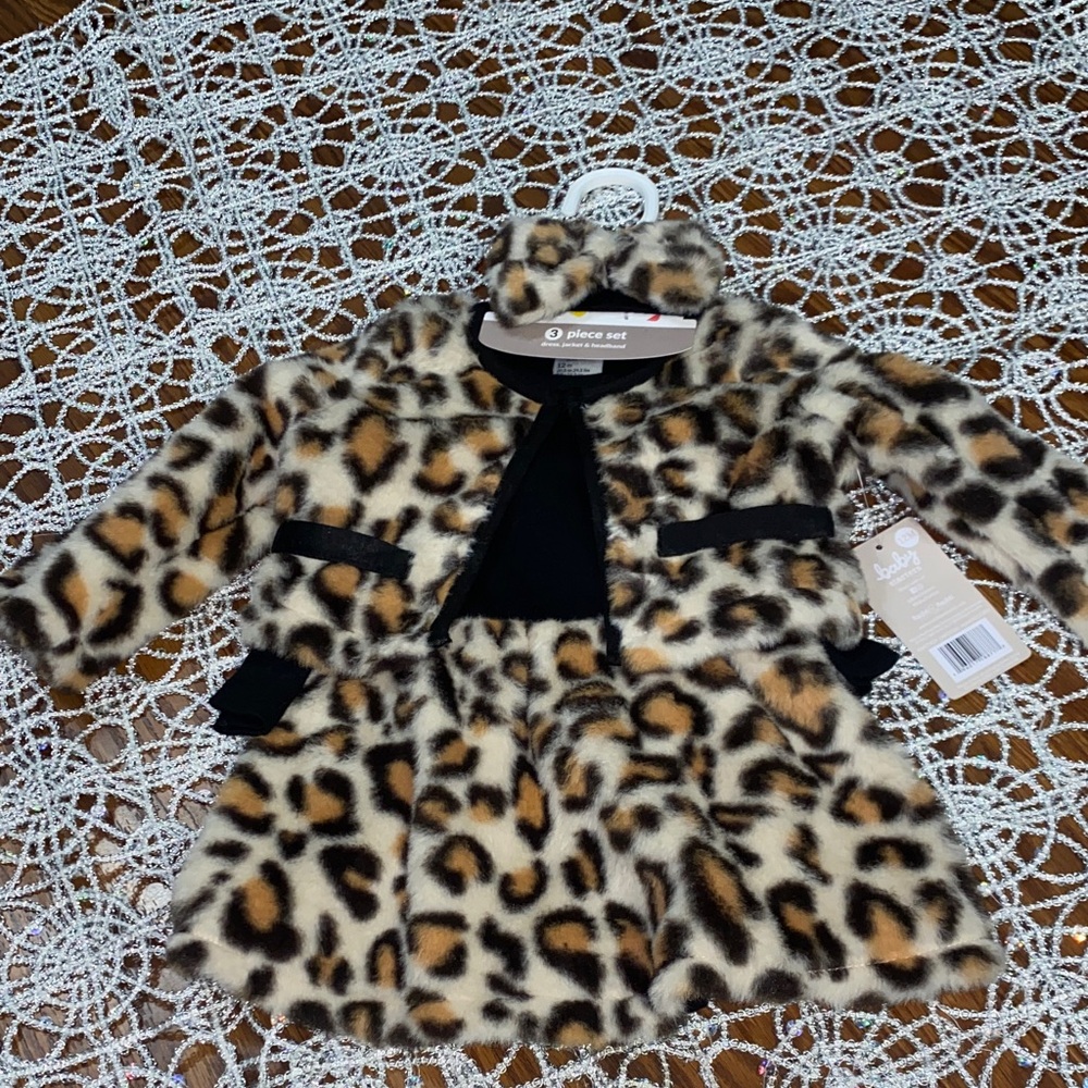 Baby starters Kids Leopard Print Faux Fur dress,  Jacket, headband 12 months